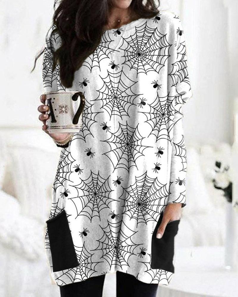 

Halloween Pumpkin Graphic Print Pocket Detail Long Sleeve Dress, Style4