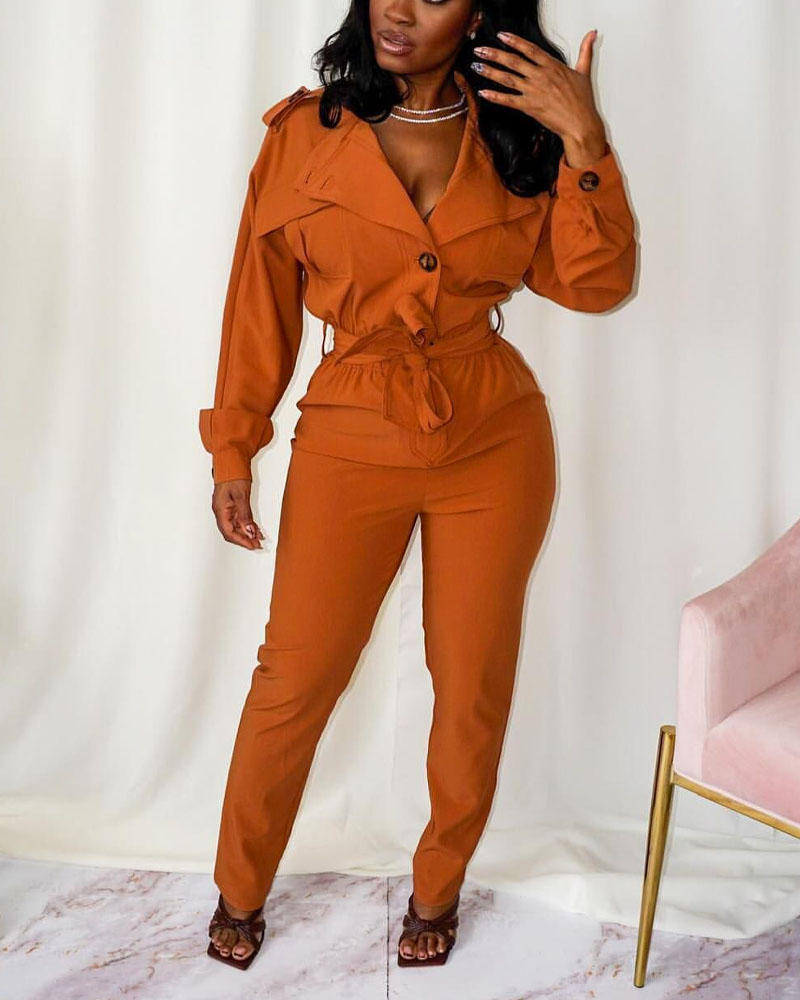 

Long Sleeve Button Front Belted Jumpsuit, Orange