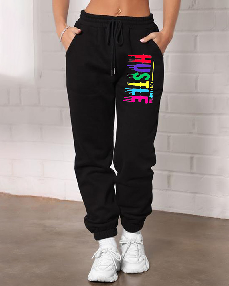 

Letter Print Pocket Design Drawstring Sweatpants, Black