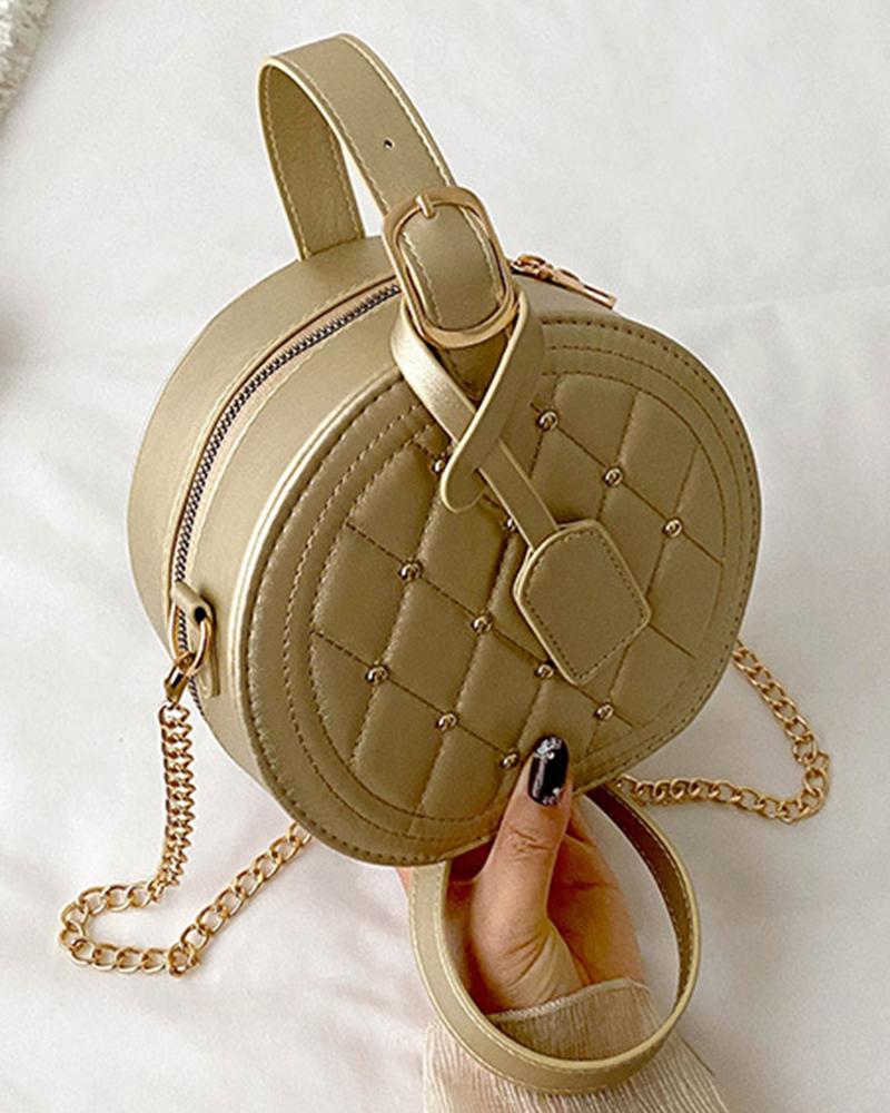 

Studded Quilted Round Crossbody Bag, Champagne