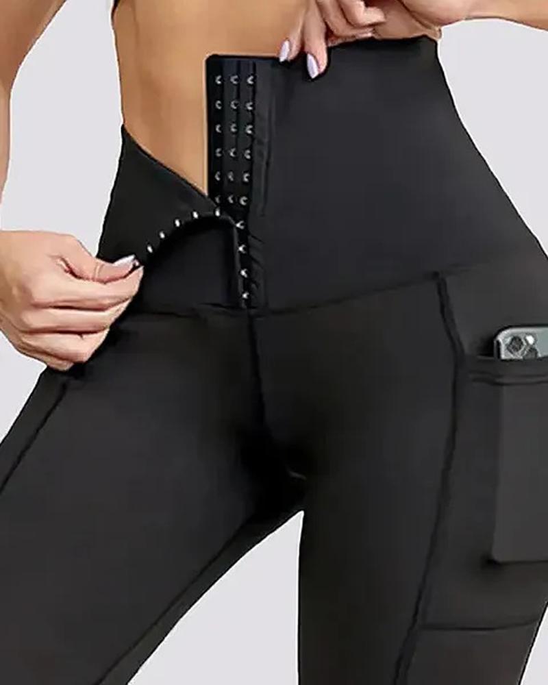 

Wide Band Waist Skinny Sports Pants With Phone Pocket, Black