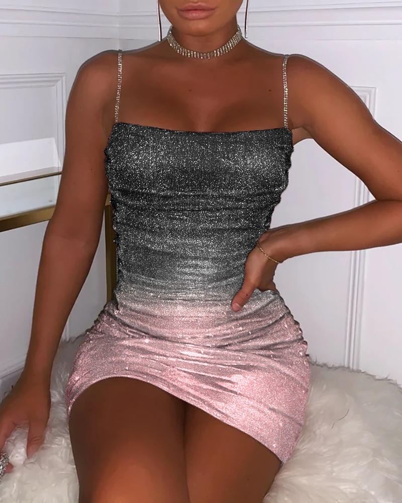 Gradient Color Glitter Ruched Bodycon Dress