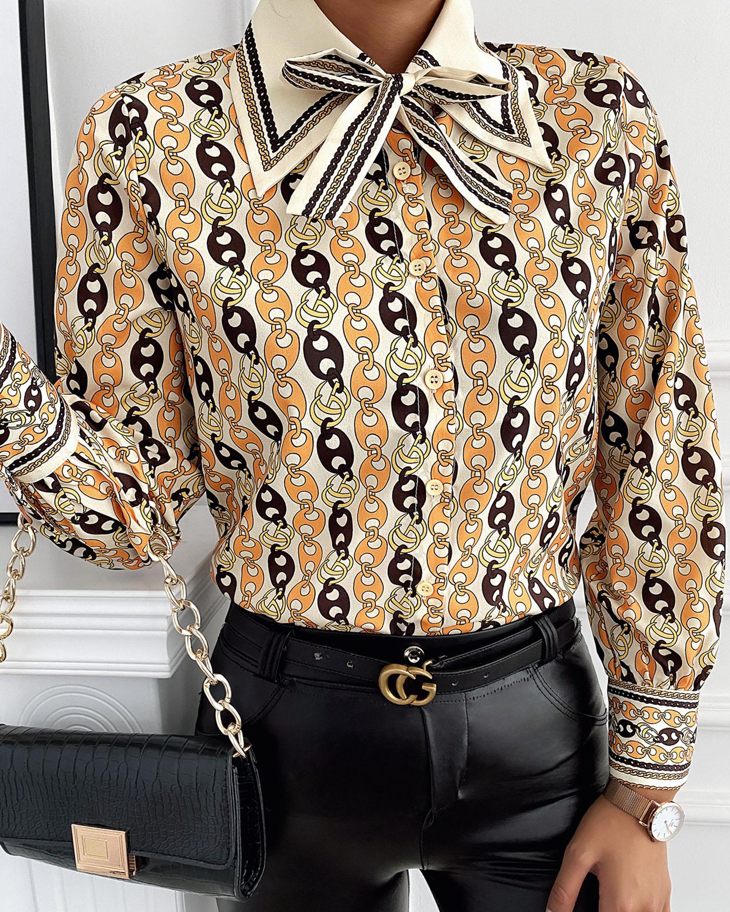 

Tie Neck Graphic Print Long Sleeve Blouse, Multicolor