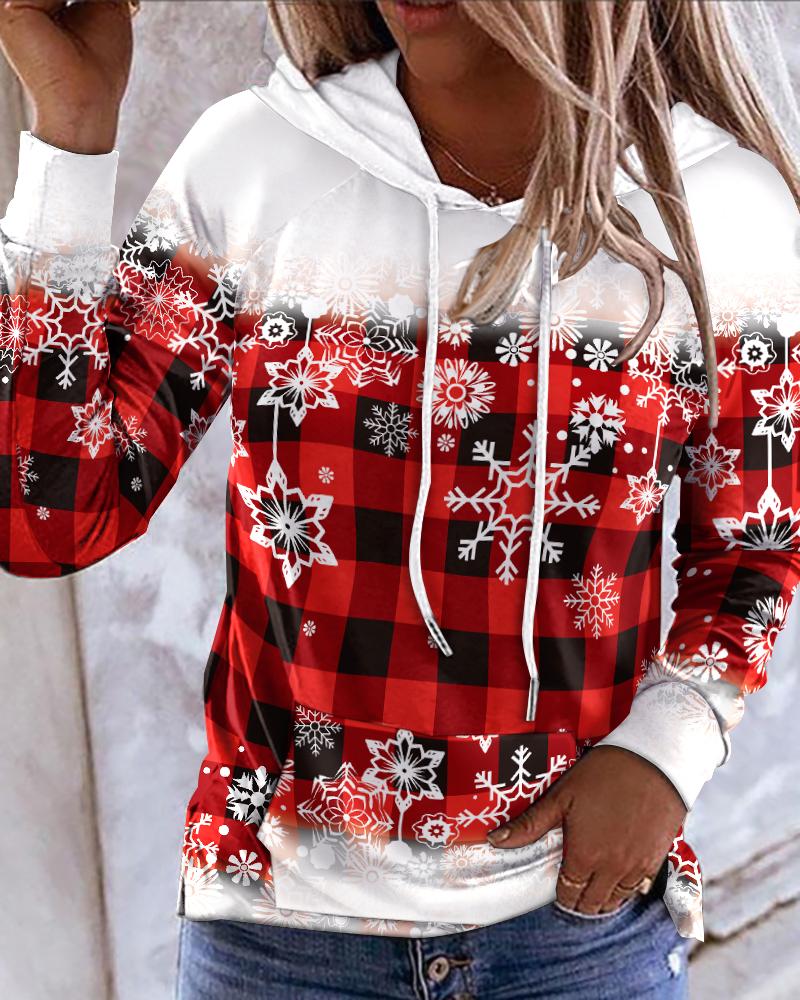 Christmas Snowflake Plaid Print Long Sleeve Hoodie