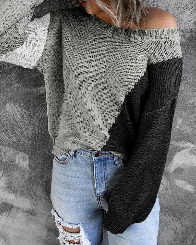 

Colorblock Round Neck Long Sleeve Sweater, Gray