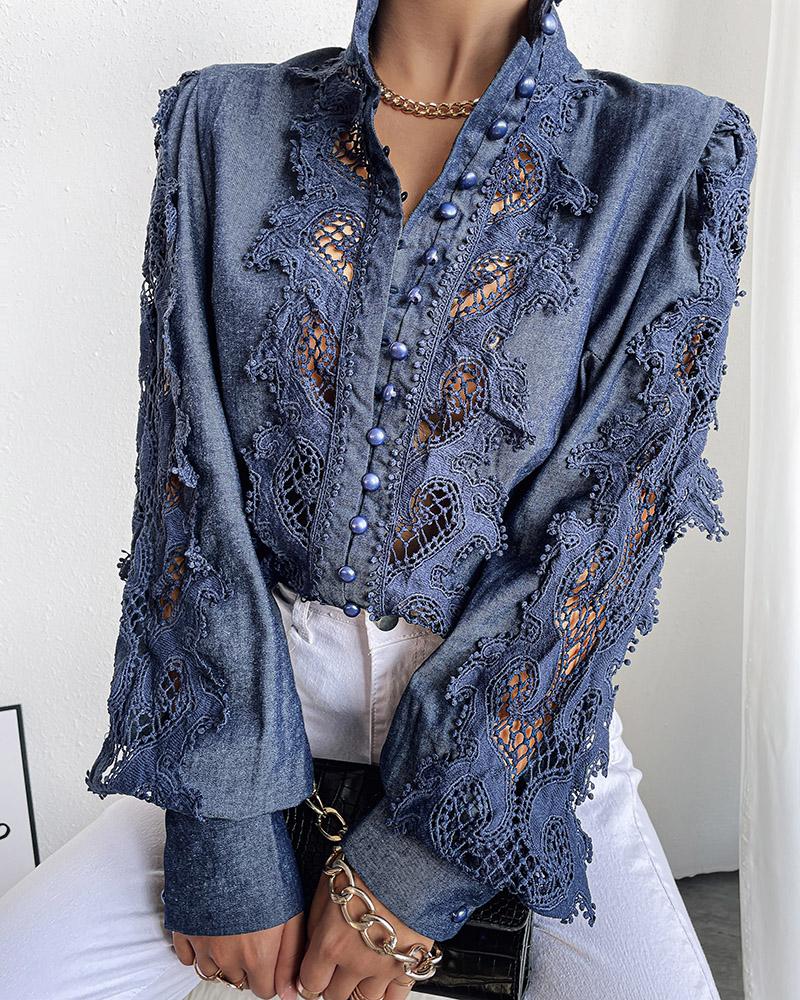 

Contrast Lace Button Front Blouse, Blue