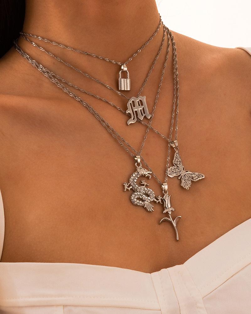 

Lock & Letter & Dragon & Floral & Butterfly Pendant Necklace, Silver