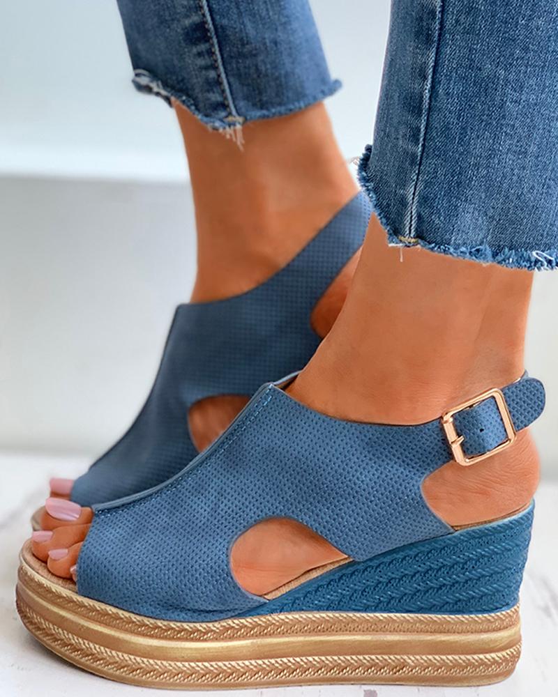 

Cutout Buckled Peep Toe Wedge Sandals, Blue