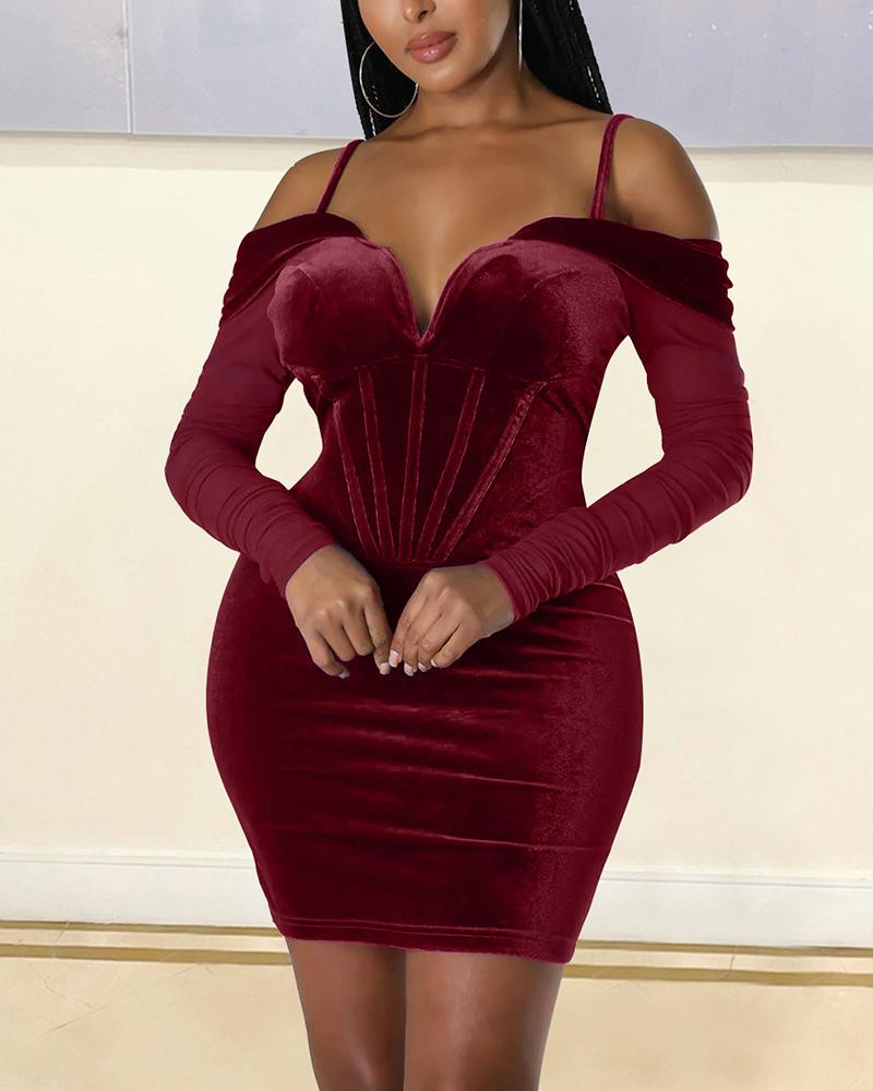 

Cold Shoulder Velvet Ruched Corset Bodycon Dress, Wine red