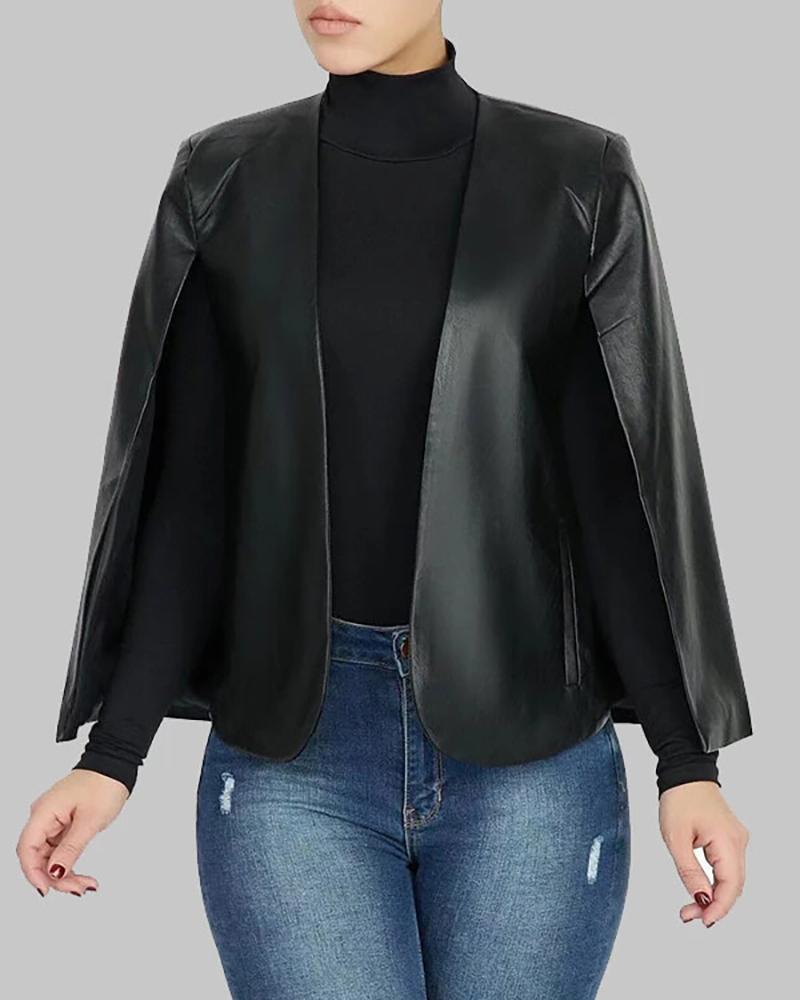 

Fake Two-piece PU Leather Pocket Design Jacket, Black