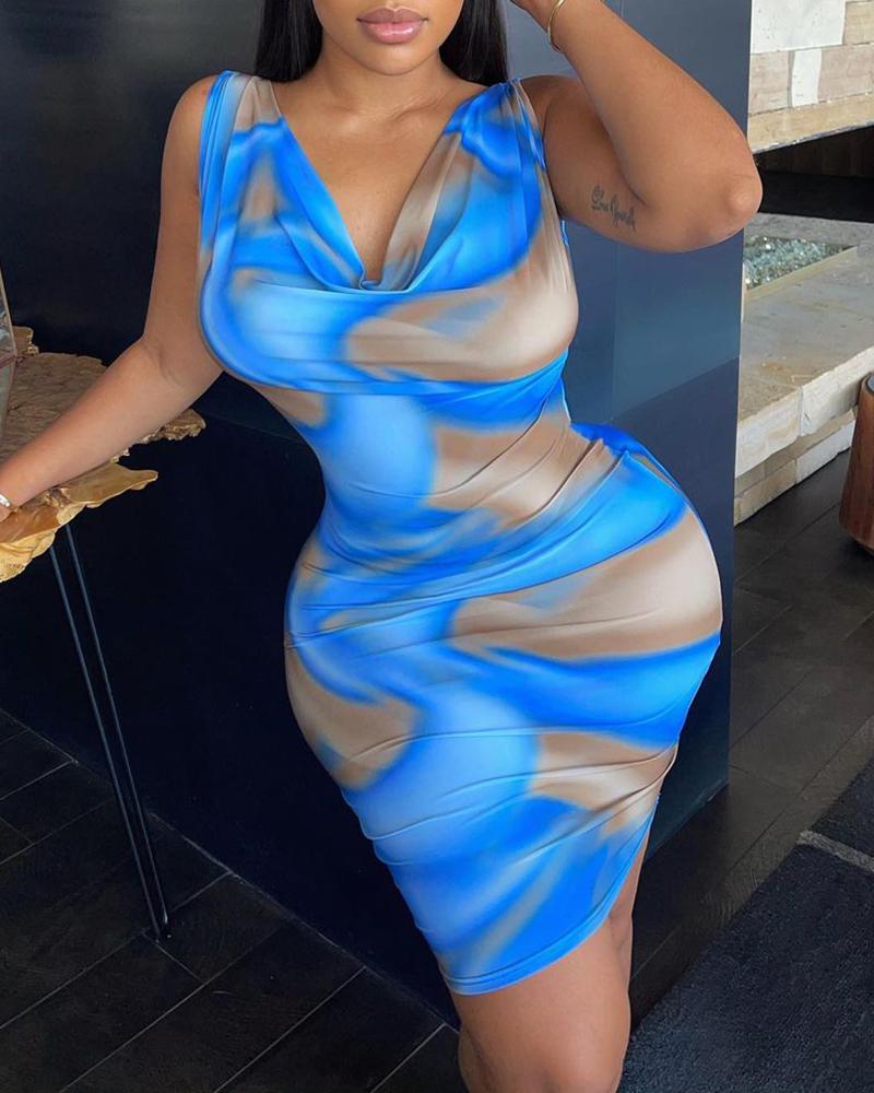 

Colorblock Cowl Neck Sleeveless Bodycon Dress, Blue
