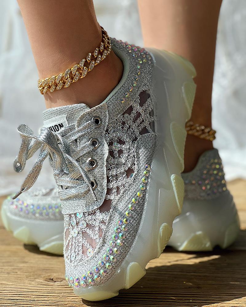 

Rhinestone Lace Patch Contrast Sequin Sneakers, Silver&green