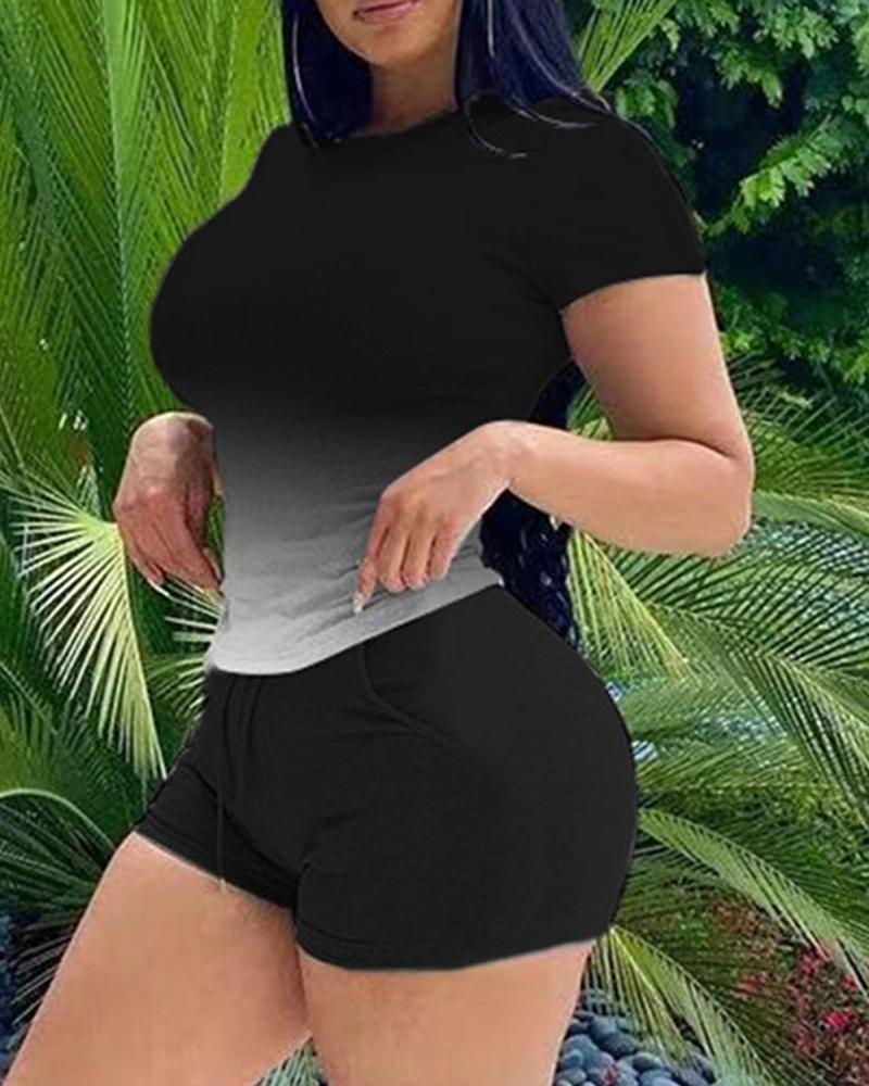 

Ombre Casual Top & Drawstring Shorts Set, Black