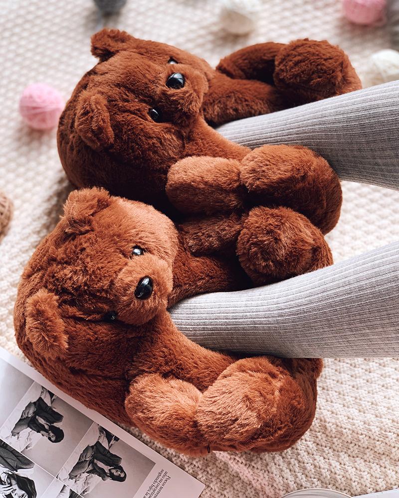 

Fluffy Teddy Bear Slippers, Dark brown