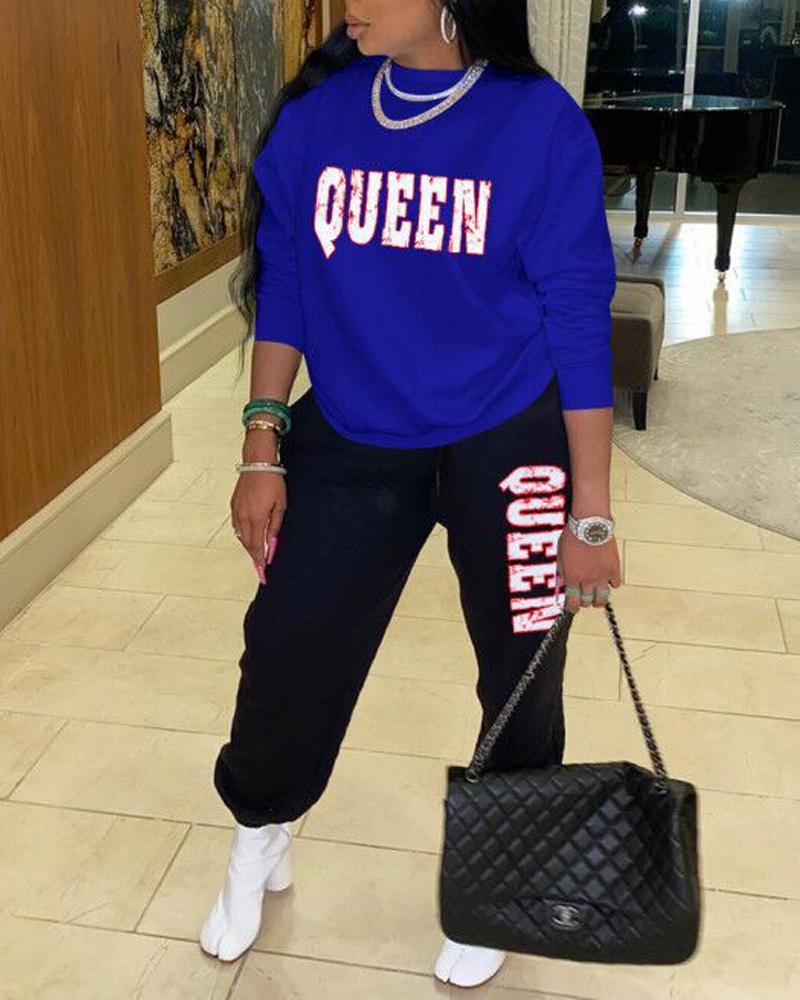 

Plus Size Letter Print Long Sleeve Top & Pants Set, Blue