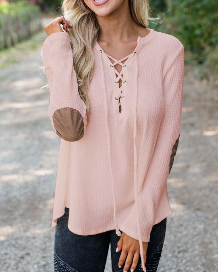 

Lace-up Elbow Patches Casual Knitted Top, Pink