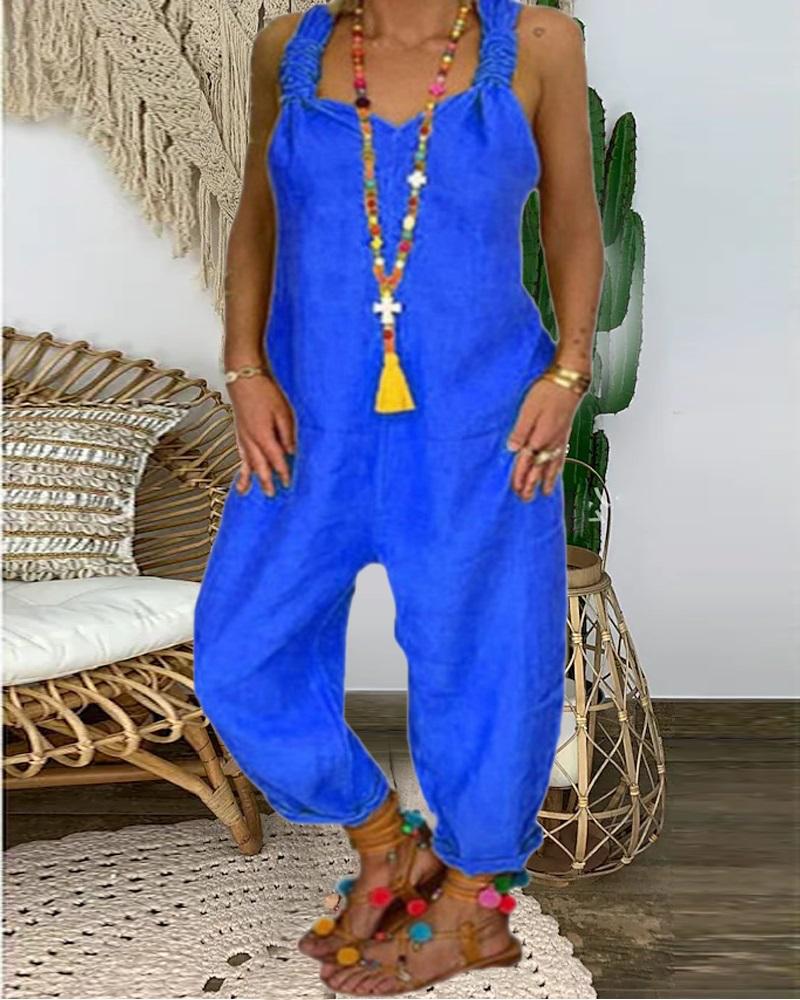 

Plain Backless Casual Suspender Jumpsuit, Blue