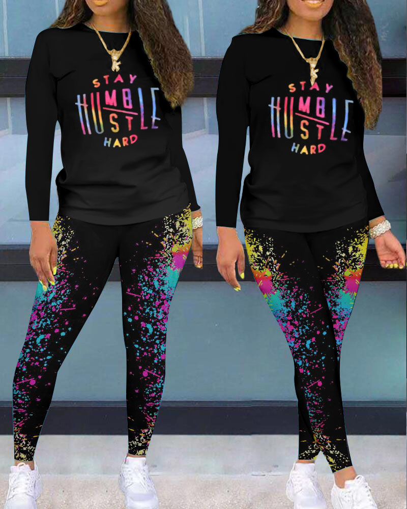 

Letter Print Long Sleeve Top & Ink Splash Pants Set, Black