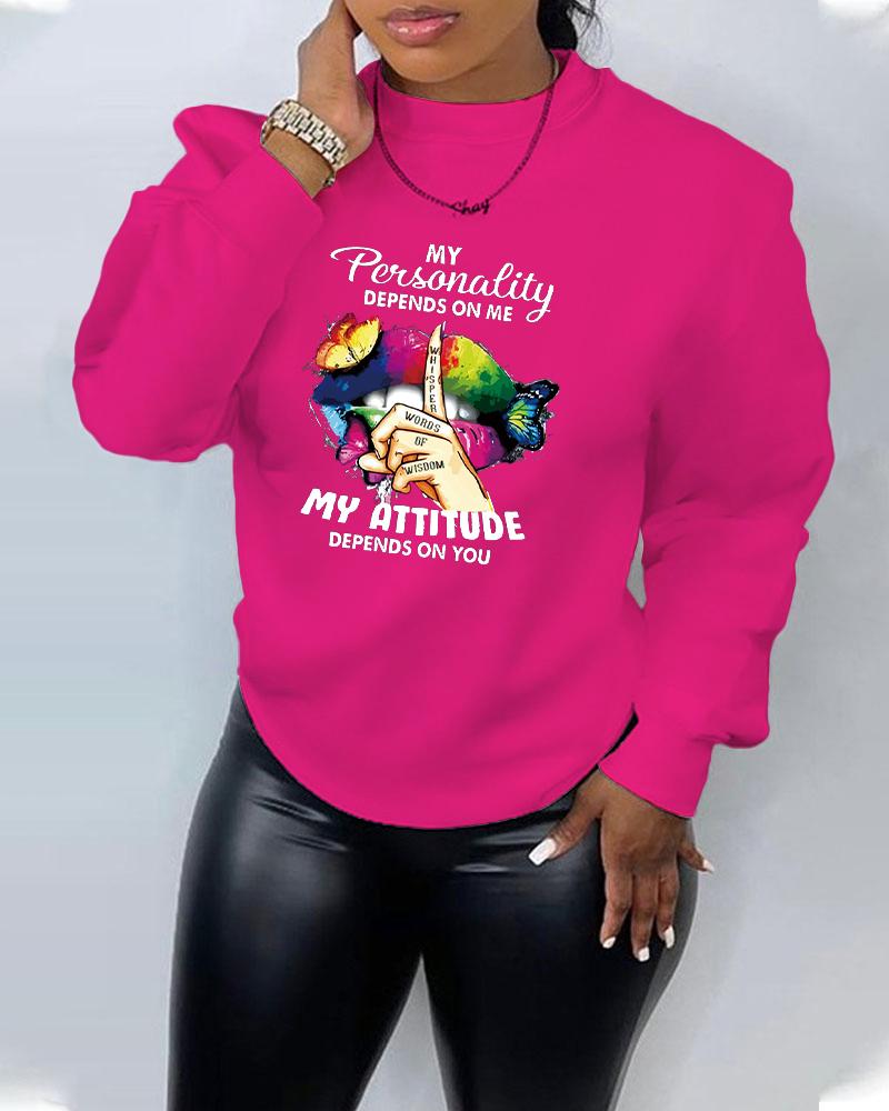 

Plus Size Slogan Butterfly Print Long Sleeve Sweatshirt, Hot pink