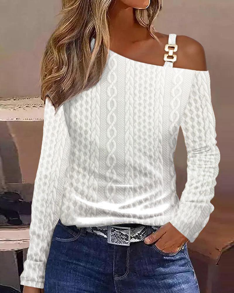 

Cold Shoulder Chain Decor Cable Textured Top, White