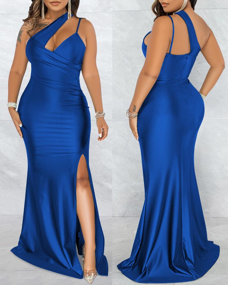 

One Shoulder Split Thigh Prom Dress, Blue