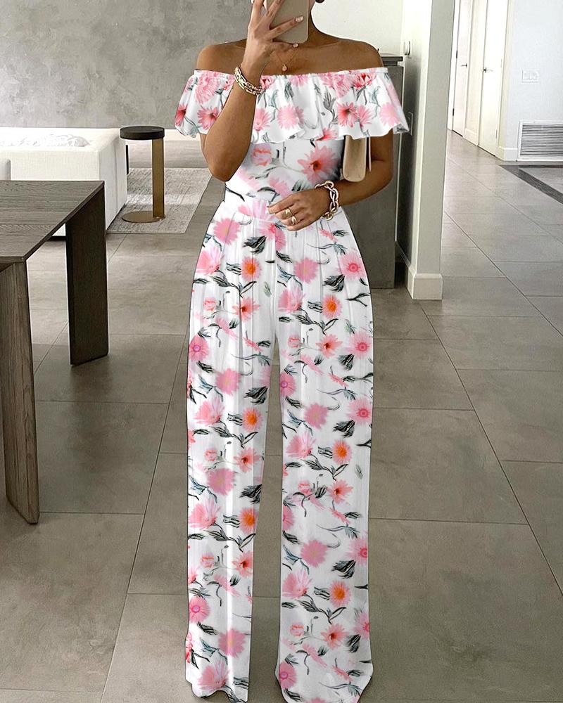

Off Shoulder Floral Print Ruffles Jumpsuit, White