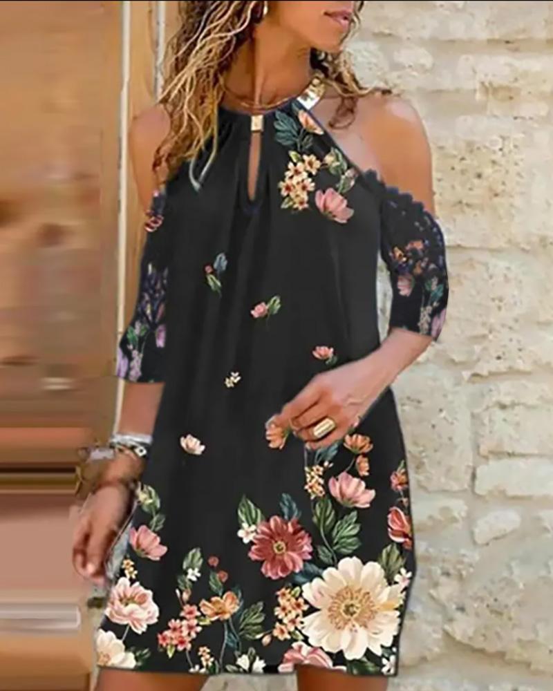 

Cold Shoulder Floral Print Halter Dress, Black
