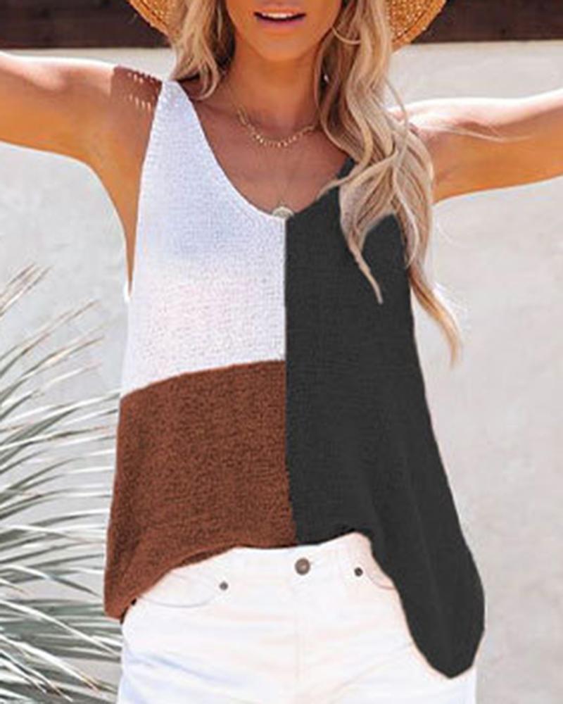 

Colorblock V-Neck Sleeveless Casual Tank Top, Black