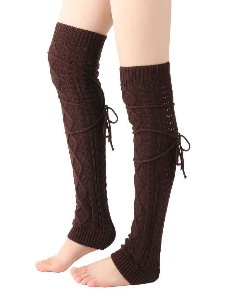 

Knit Cable Crisscross Thigh-High Leg Warmers, Coffee