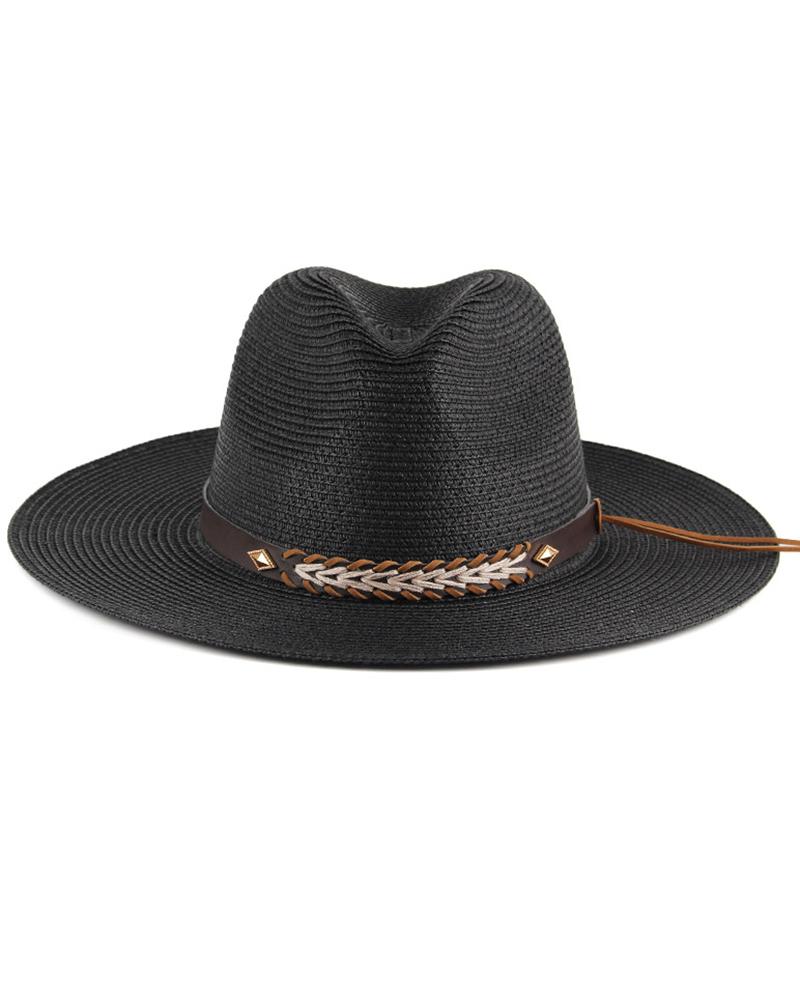 

Geometric Pattern Wide Brim Straw Hat, Black