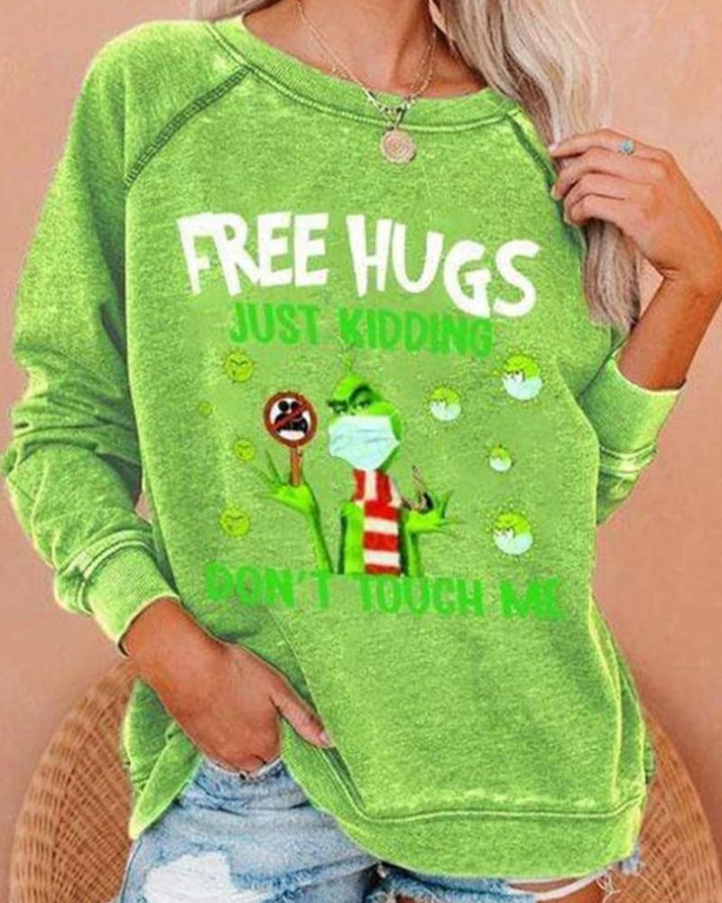 

Christmas Cartoon Letter Print Long Sleeve Sweatshirt, Green