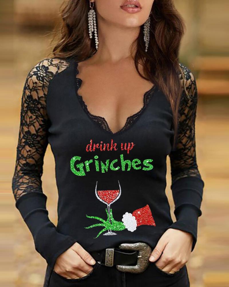 

Christmas Crochet Lace Sleeve Grinches Letter Print Top Long Sleeve V-Neck Skinny Shirt, Black