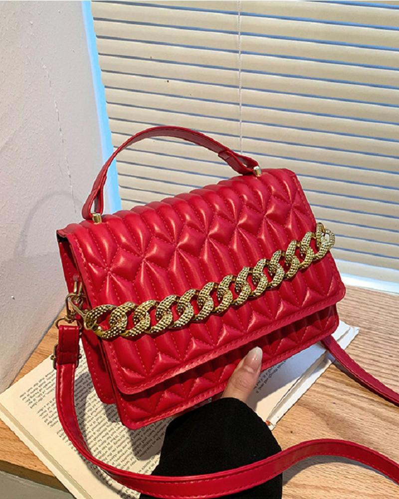 

Chain Decor Quilted Flap Shoulder Bag With Handle, Red