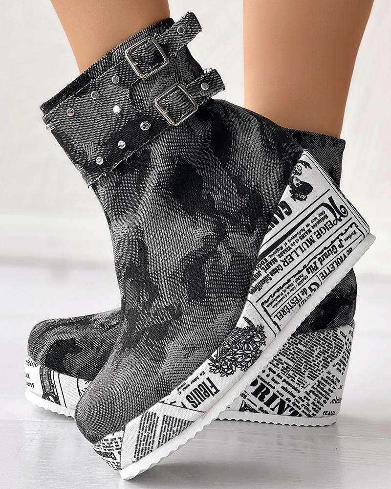 

Studded Buckled Newspaper Platform Denim Ankle Boots, Black