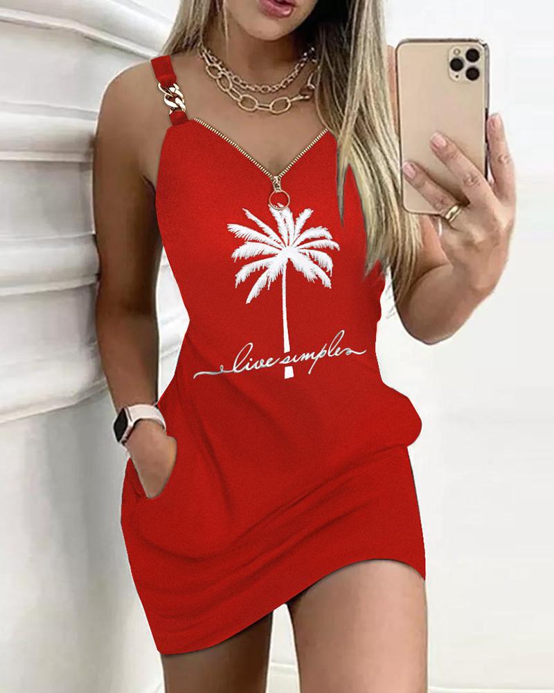 

Coconut Tree Print Chain Decor Casual Dress, Red