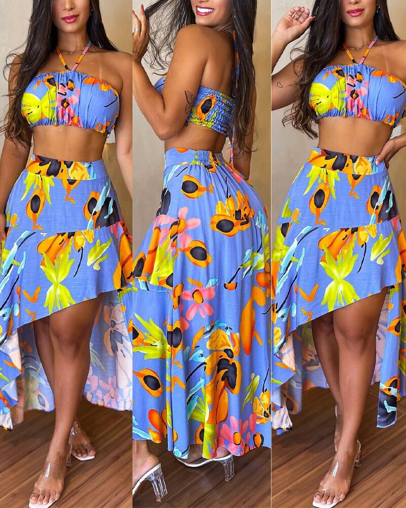 

Plants Print Shirred Halter Crop Top & Asymmetrical Skirt Set, Blue