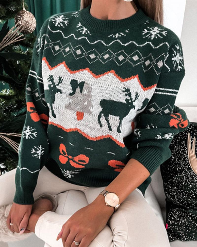 

Christmas Elk Snowflake Pattern Long Sleeve Sweater, Green