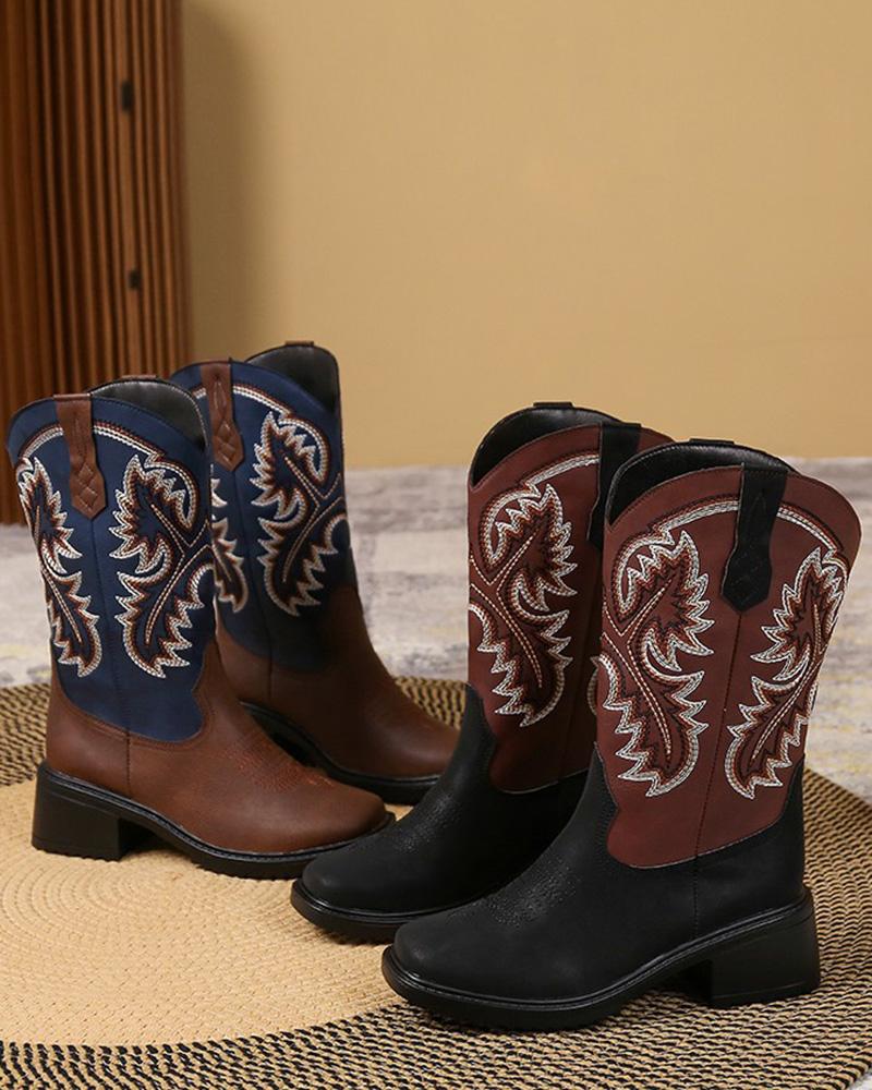 

Embroidery Colorblock Round Toe Chunky Cowboy Boots, Brown