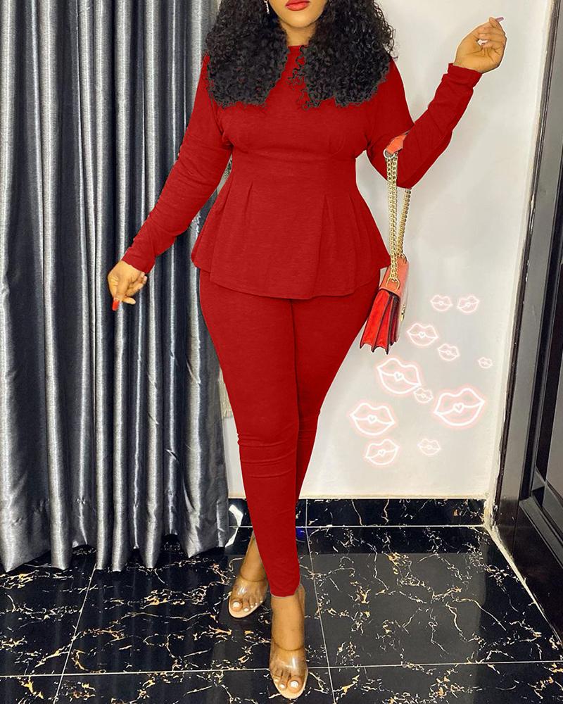 

Corset Ruffles Long Sleeve Top & Pants Set, Red