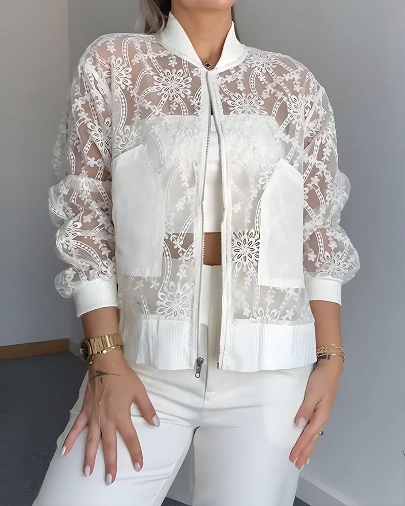 

Floral Lace Embroidered Mesh Patchwork High-Low Hem Baseball Coat Casual Side Slit Zip Up Bomber Jacket, White