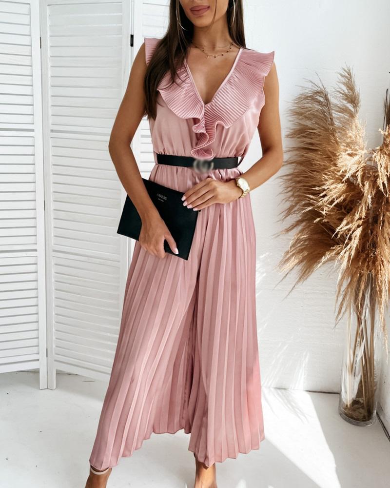 

Sleeveless Ruffle Hem Pleated Wide Leg Jumpsuit, Pink