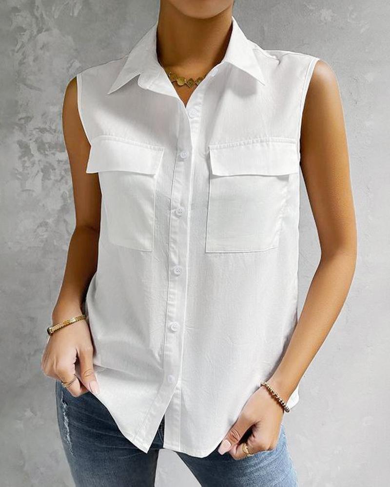 

Pocket Design Turn Down Collar Shirt, White