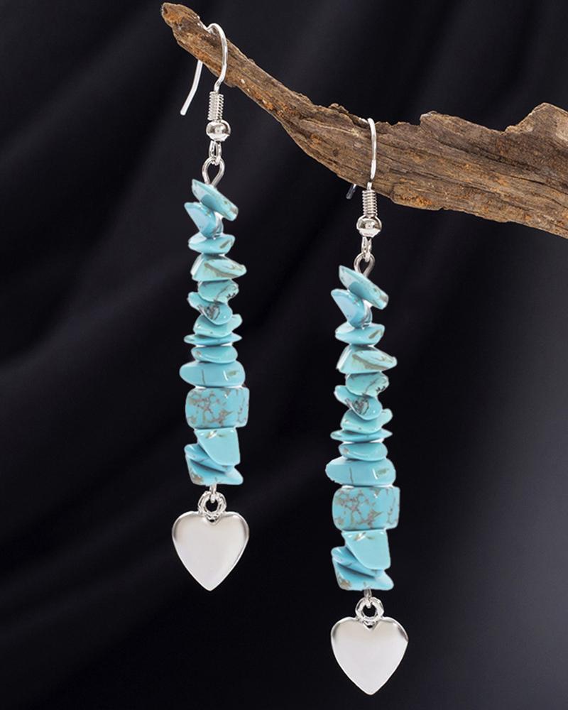 

1Pair Turquoise Crystal Stone Beaded Heart Pattern Drop Earrings, Blue