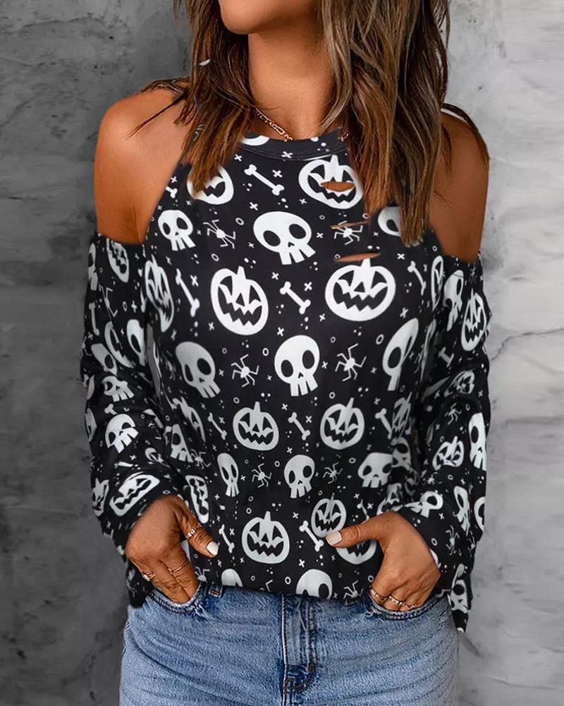 

Halloween Graphic Pumpkin Print Cold Shoulder Top, Black