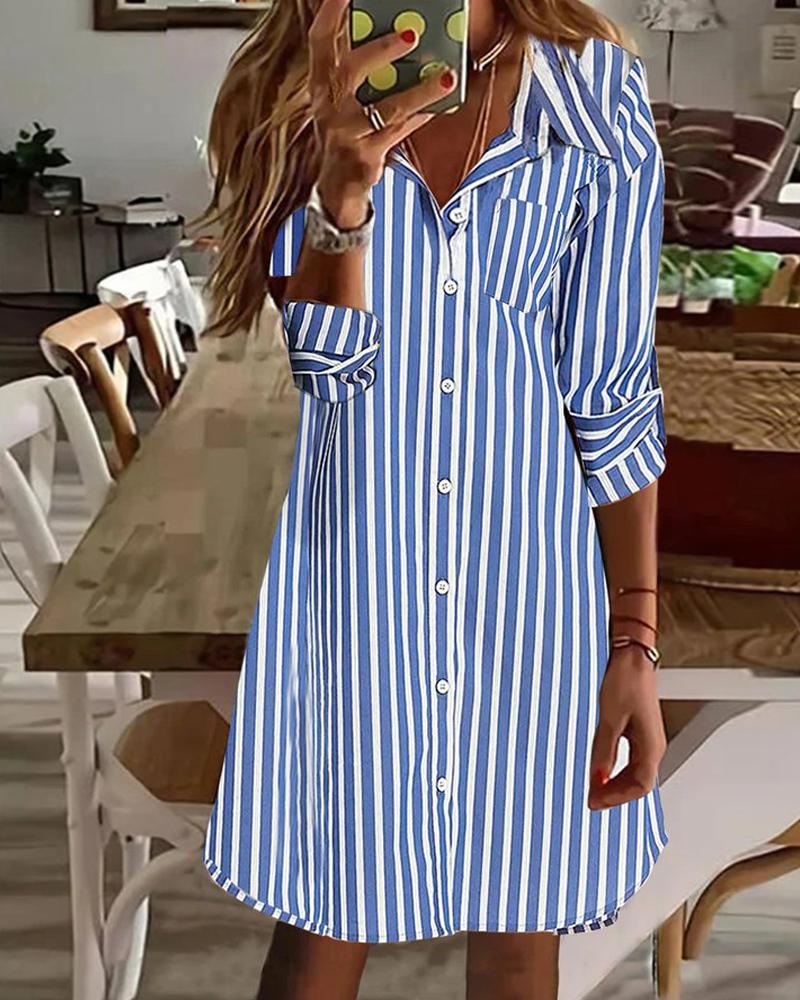 

Striped Button Front Shirt Dress, Blue