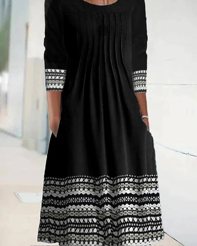 

Geometric Print Long Sleeve Casual Dress, Black