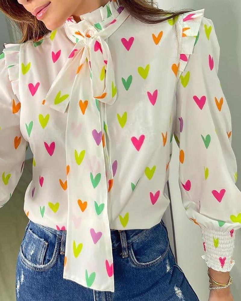

Frill Hem Heart Print Shirring Detail Shirt, White