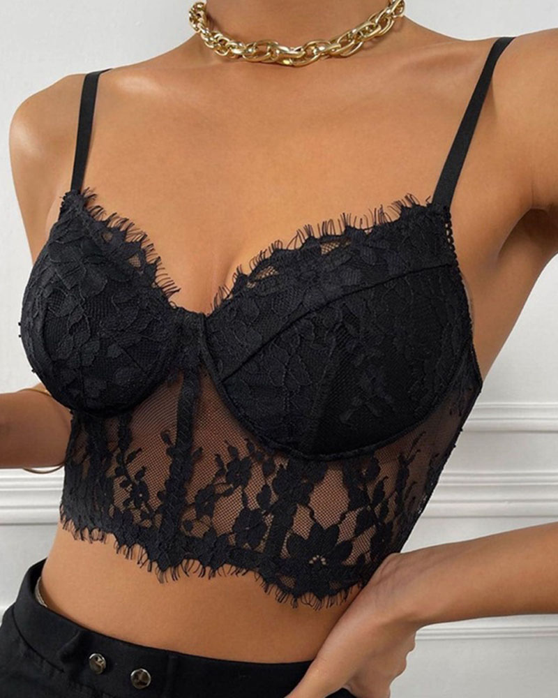 

Eyelash Lace Crop Cami Top, Black