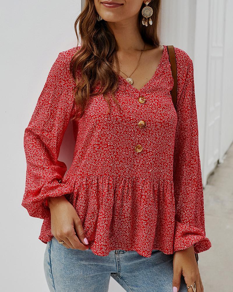 

Lantern Sleeve Ruffles Buttoned Casual Blouse, Red