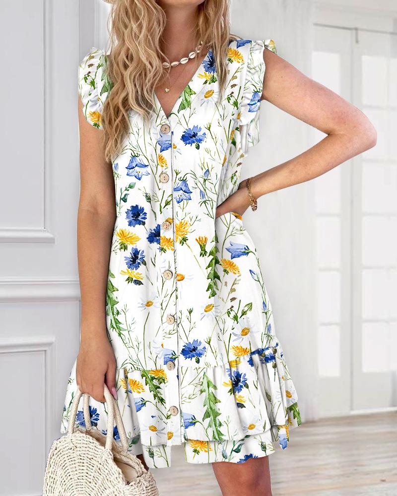 

Floral Print Ruffle Hem Button Front Casual Dress, White